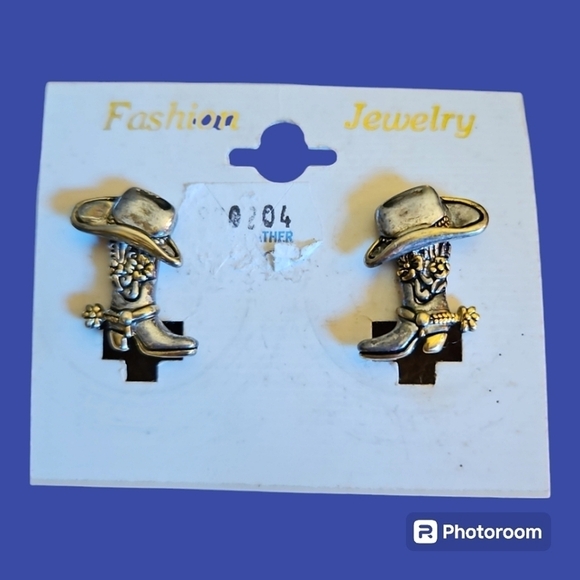 VTG MJ Western Cowgirl Rodeo Boot Spurs Hat Post Earrings Deadstock - Picture 1 of 5